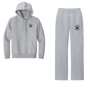 Light gray hoodie and sweatpants with logo
